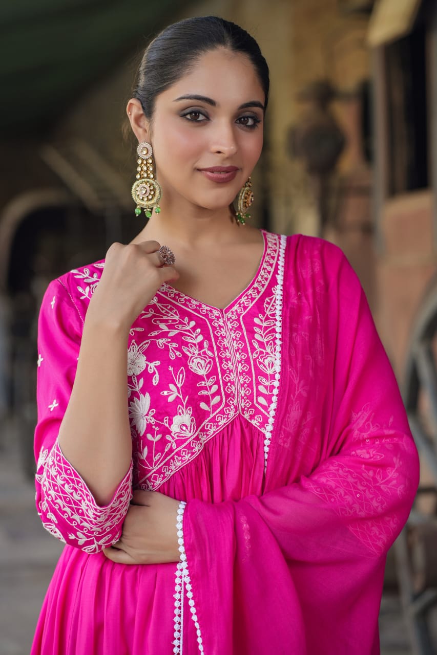 Pink Threadwork Muslin Kurta Set - KAJREE