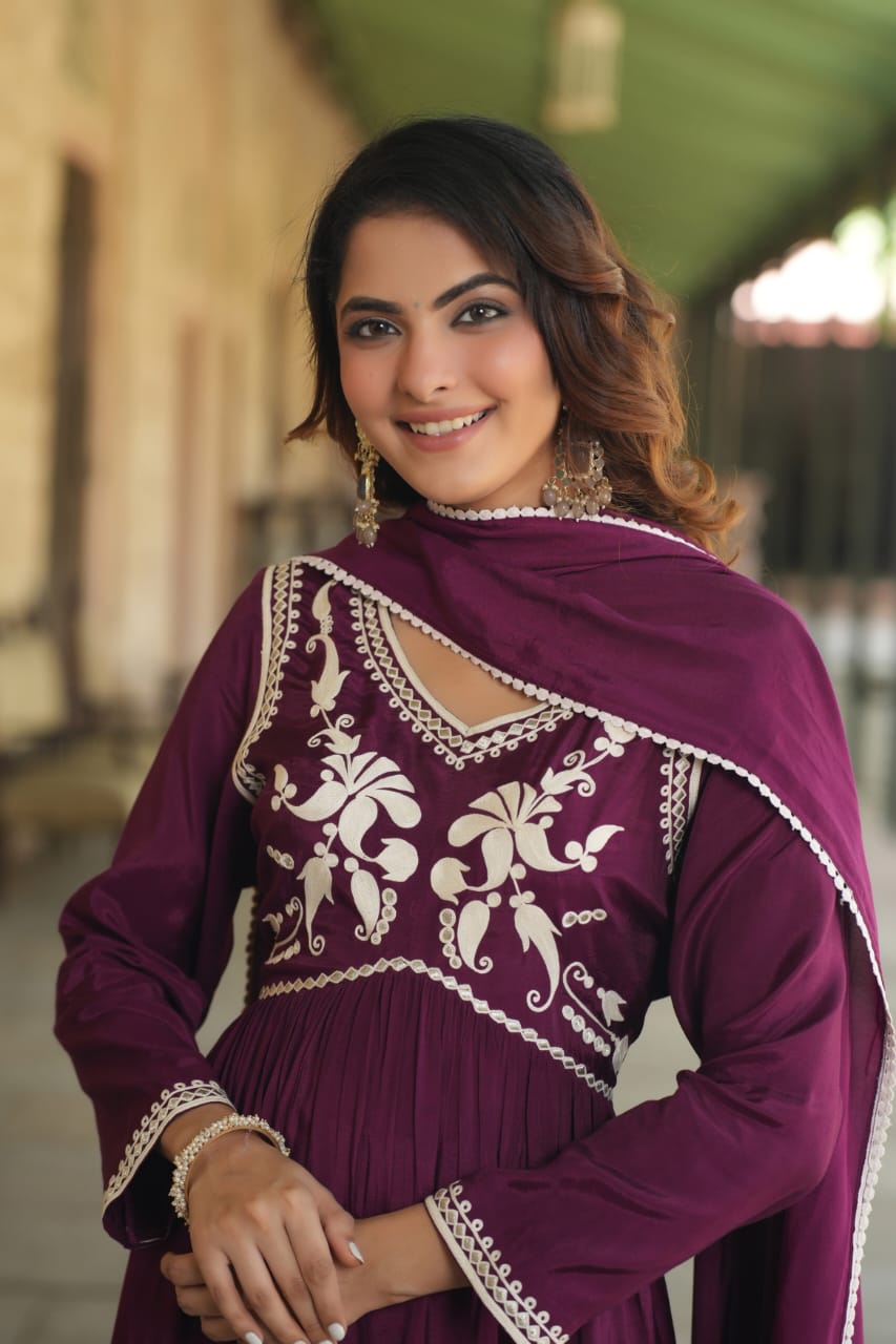 Wine Threadwork Woven Design Muslin Kurta Set - KAJREE