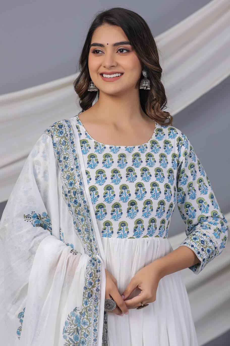 White Block Print Pure Cotton Long Kurta Set - KAJREE
