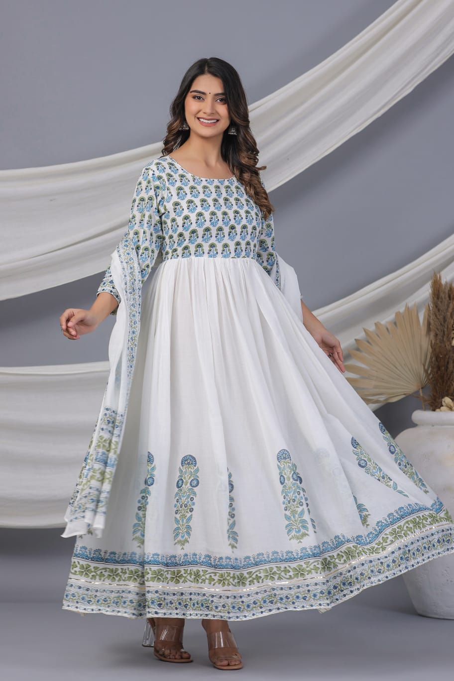 White Block Print Pure Cotton Long Kurta Set - KAJREE