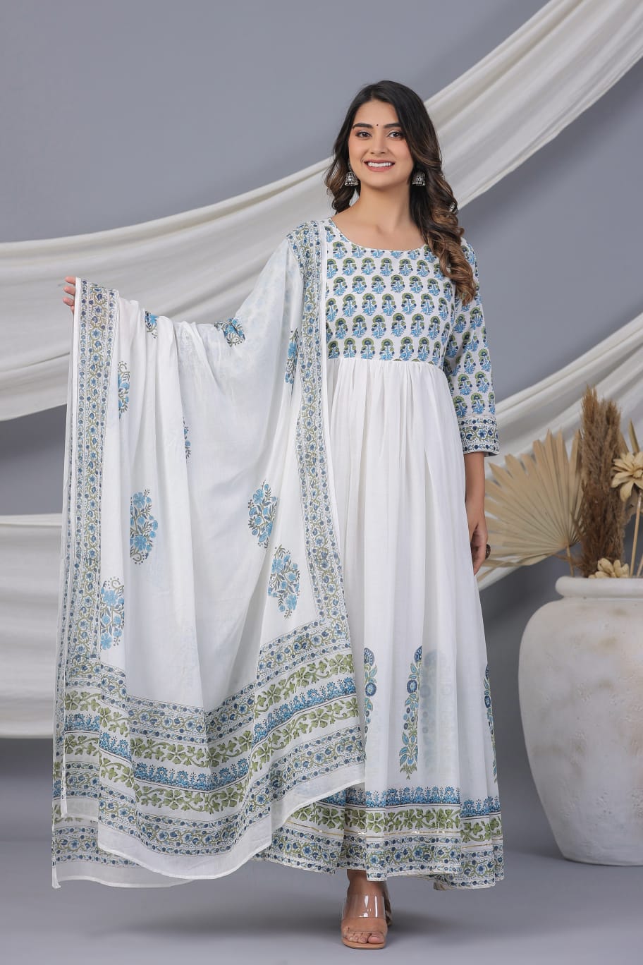 White Block Print Pure Cotton Long Kurta Set - KAJREE