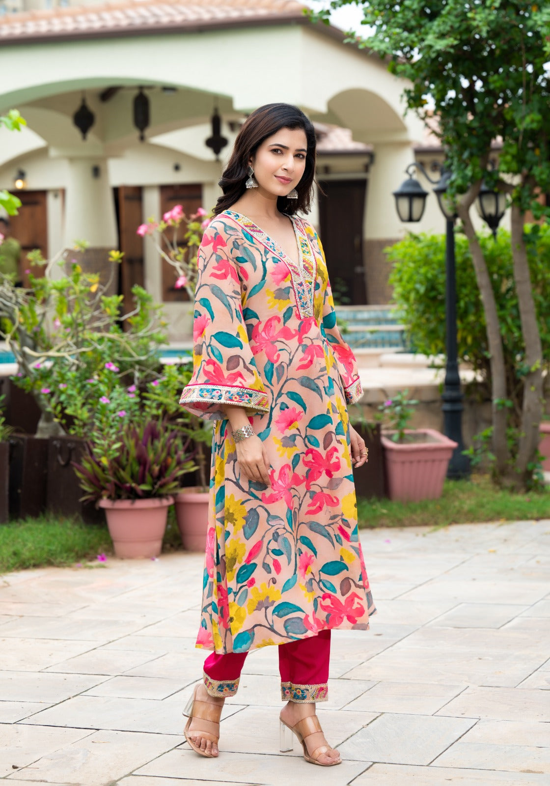 Multicolored Block Print Muslin Chiffon Kurta Set - KAJREE