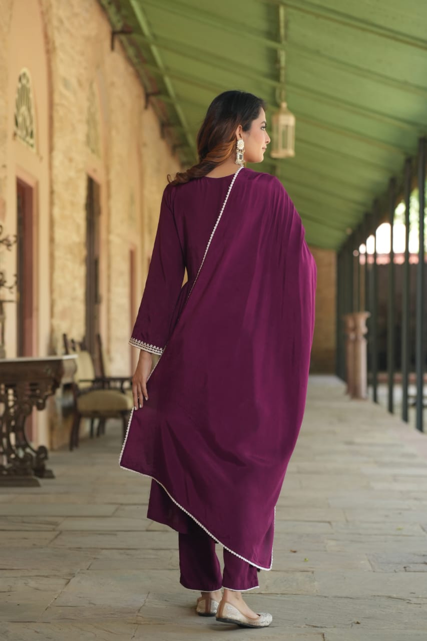 Wine Threadwork Woven Design Muslin Kurta Set - KAJREE