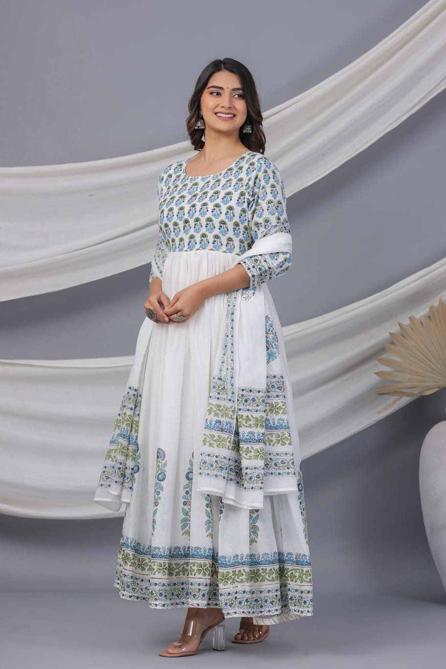 White Block Print Pure Cotton Long Kurta Set - KAJREE