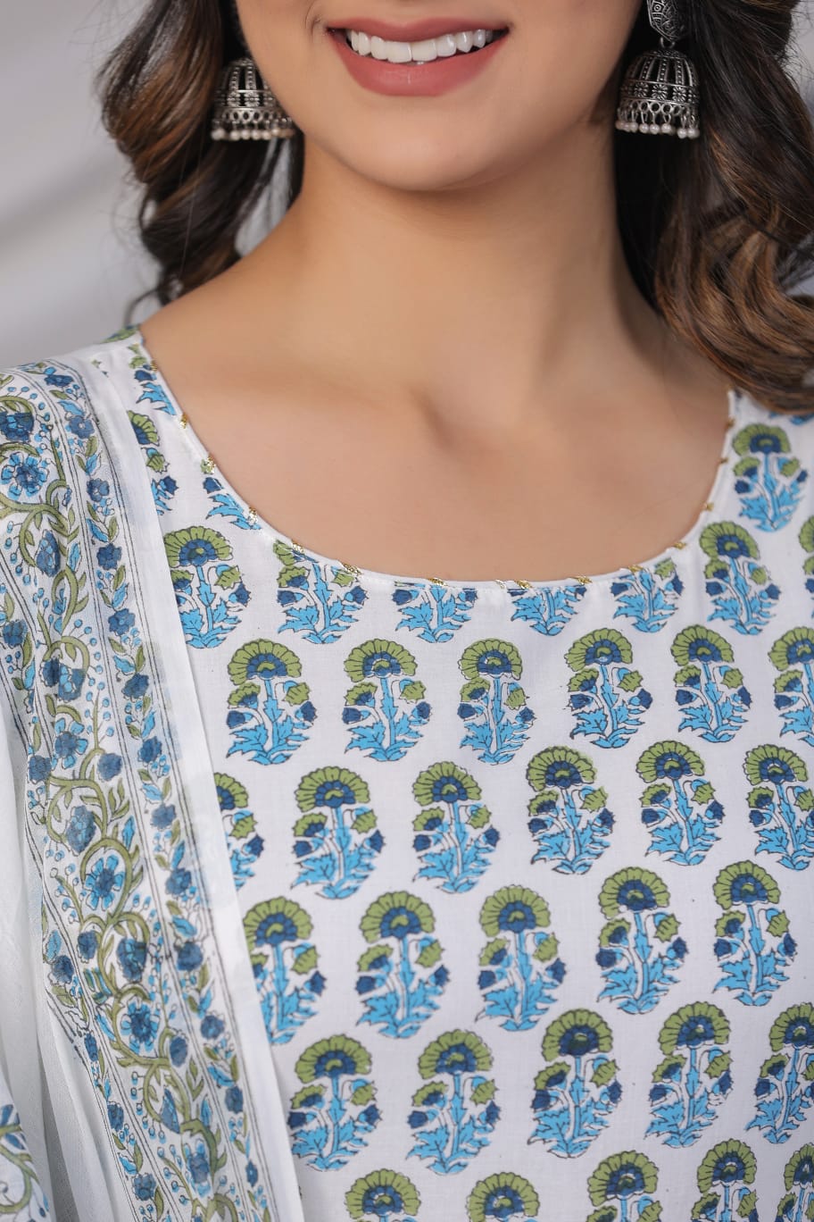 White Block Print Pure Cotton Long Kurta Set - KAJREE