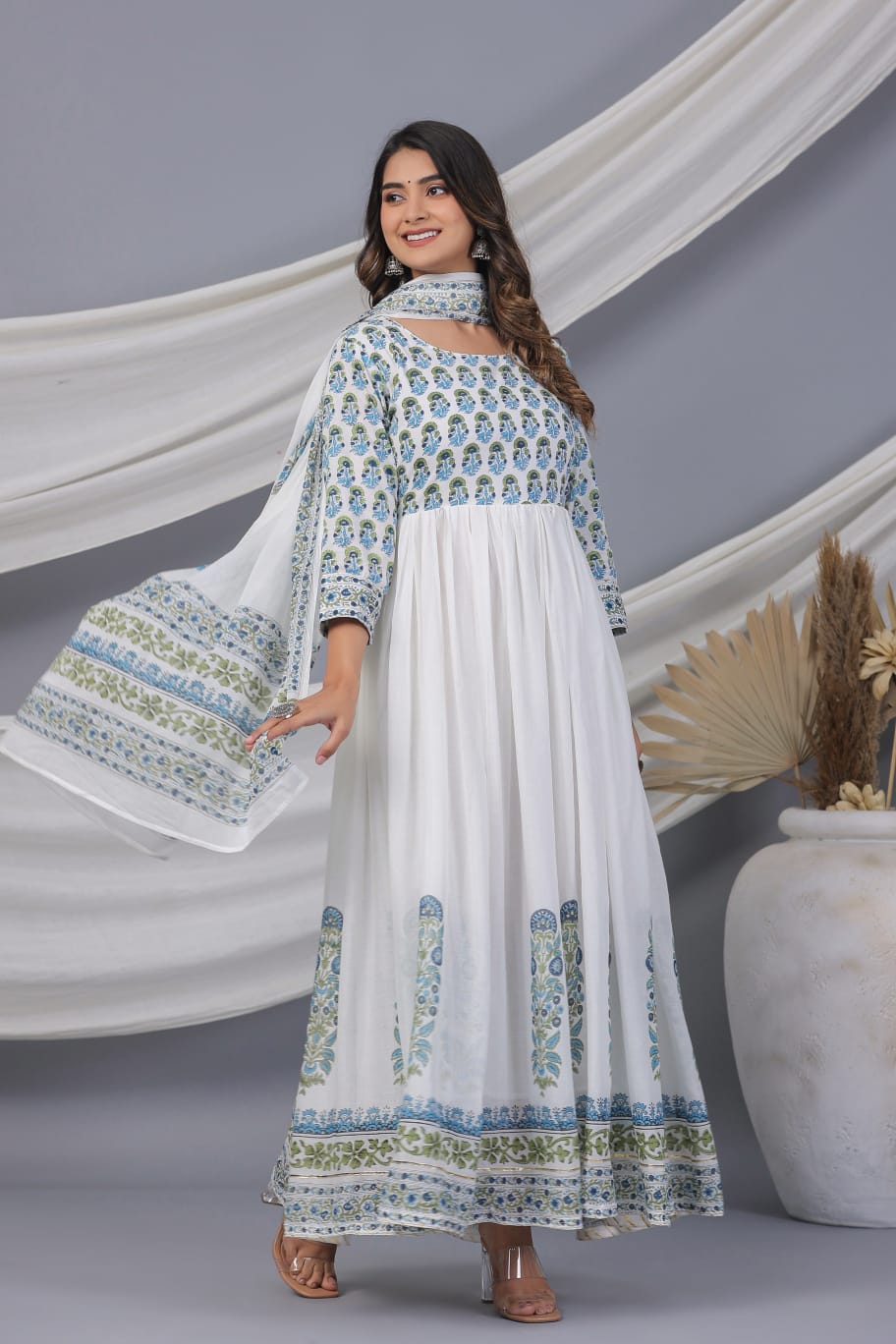 White Block Print Pure Cotton Long Kurta Set - KAJREE