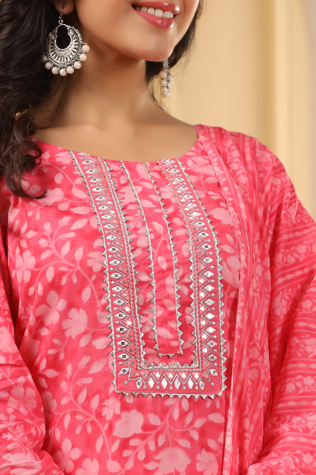 Pink Block Print Stonework Cotton Kurta Set - KAJREE
