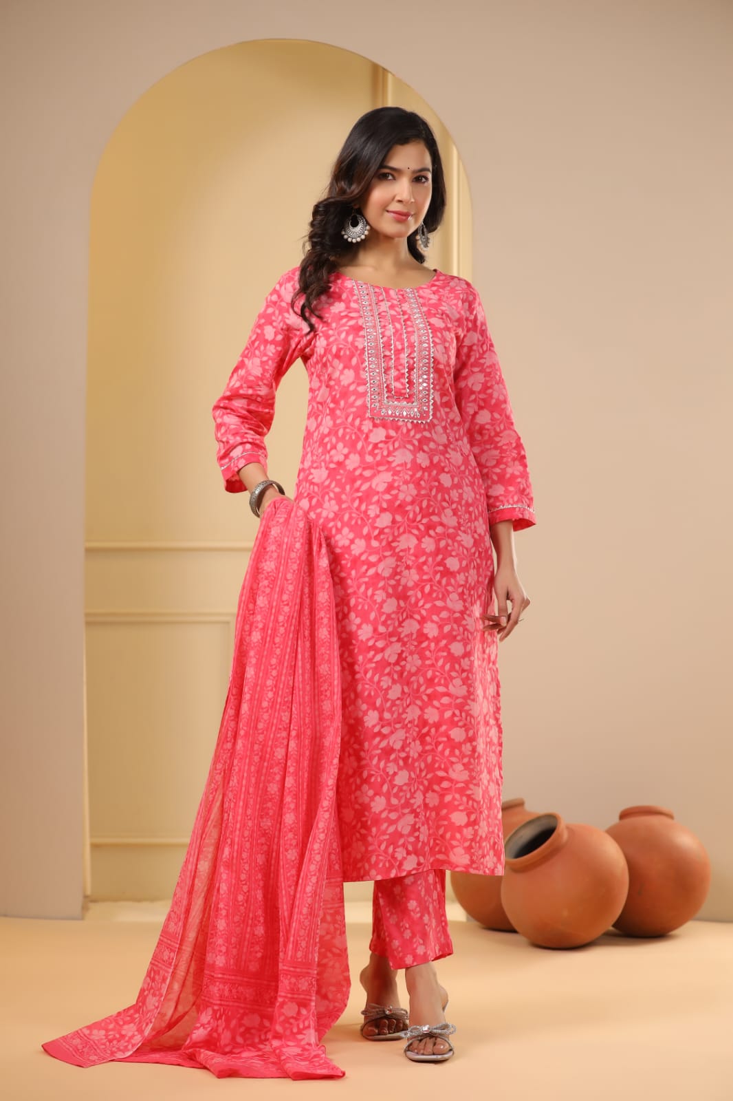 Pink Block Print Stonework Cotton Kurta Set - KAJREE