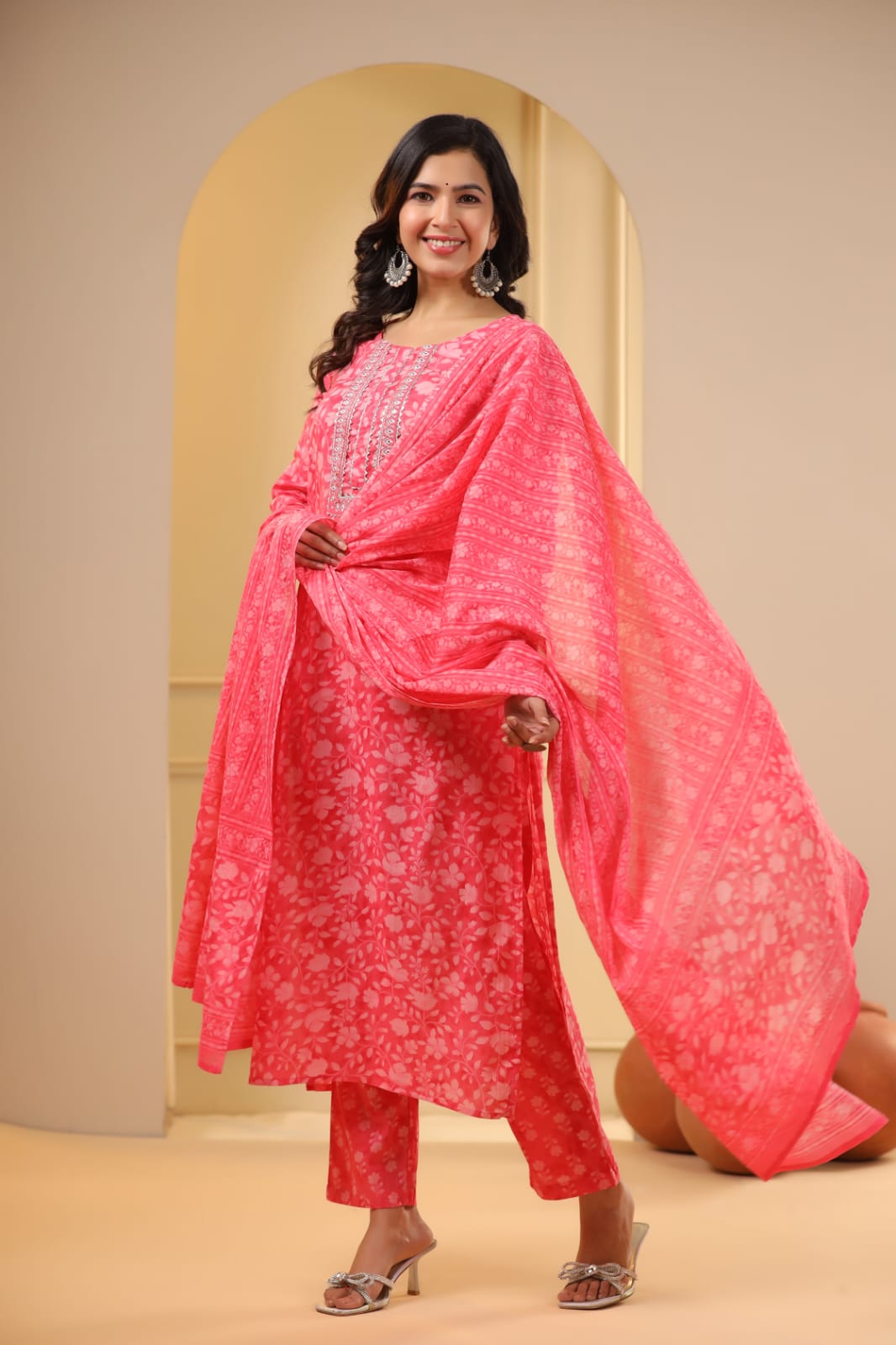 Pink Block Print Stonework Cotton Kurta Set - KAJREE