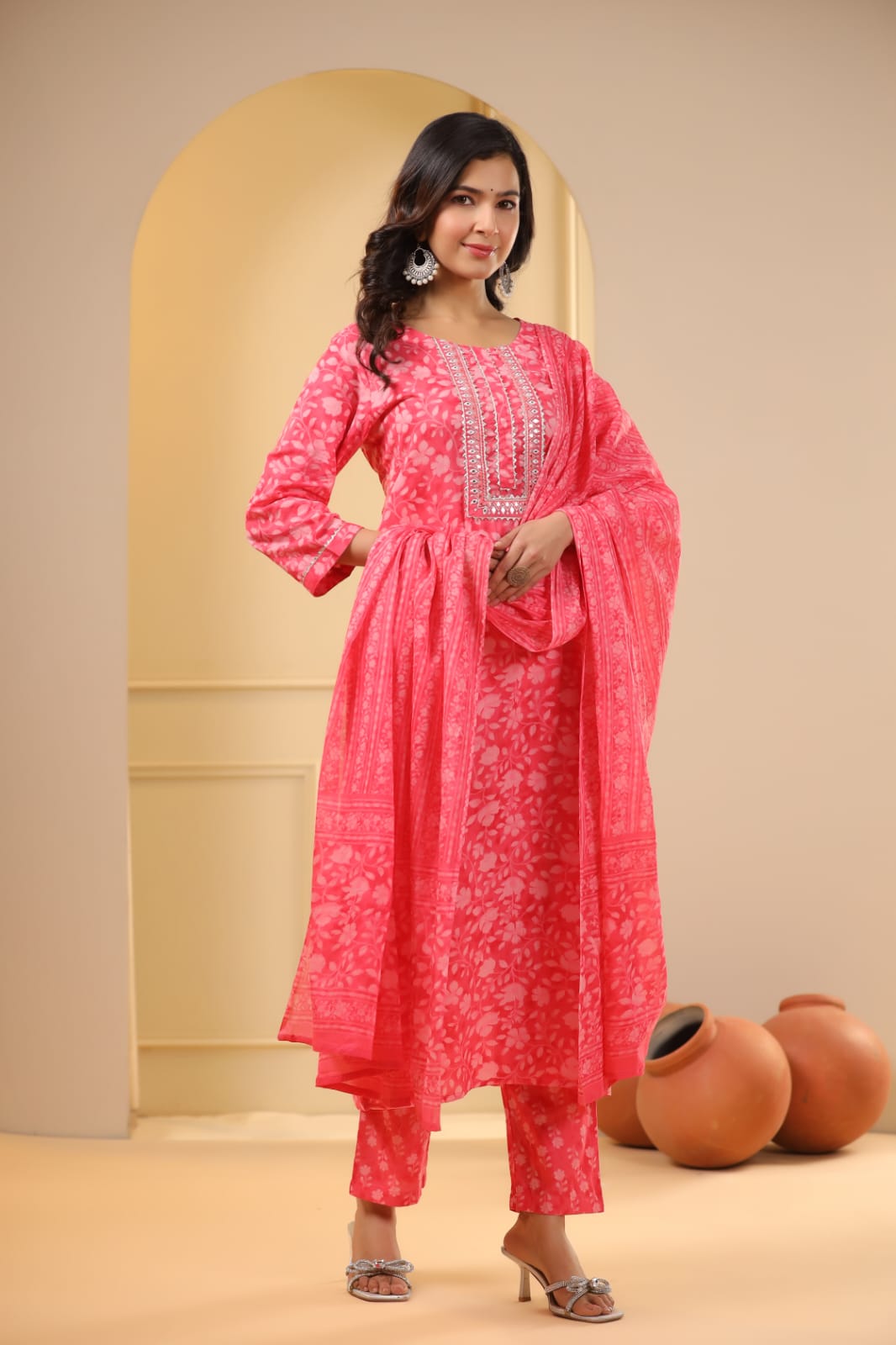 Pink Block Print Stonework Cotton Kurta Set - KAJREE