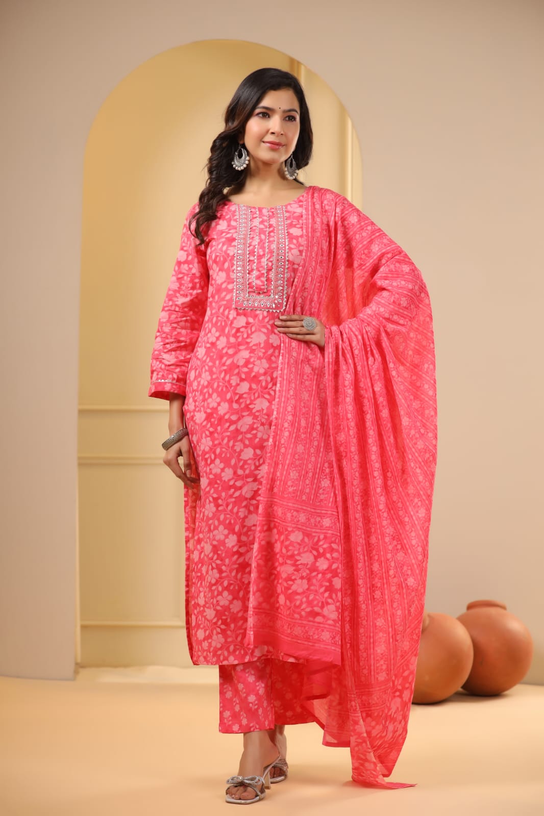 Pink Block Print Stonework Cotton Kurta Set - KAJREE