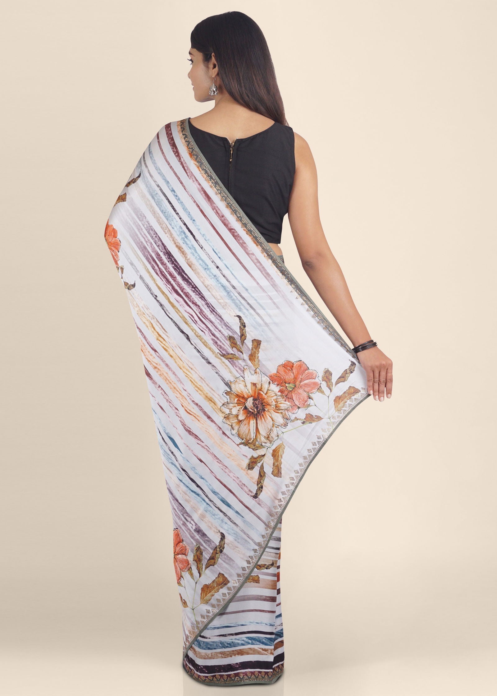 White Block Print Italian Crepe Saree - KAJREE