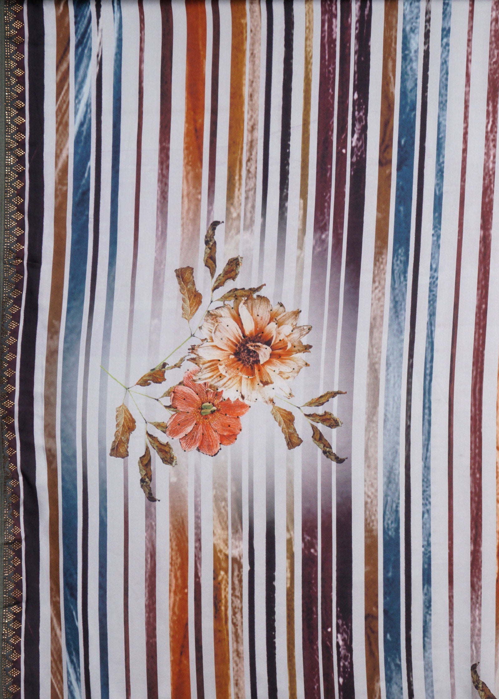 White Block Print Italian Crepe Saree - KAJREE