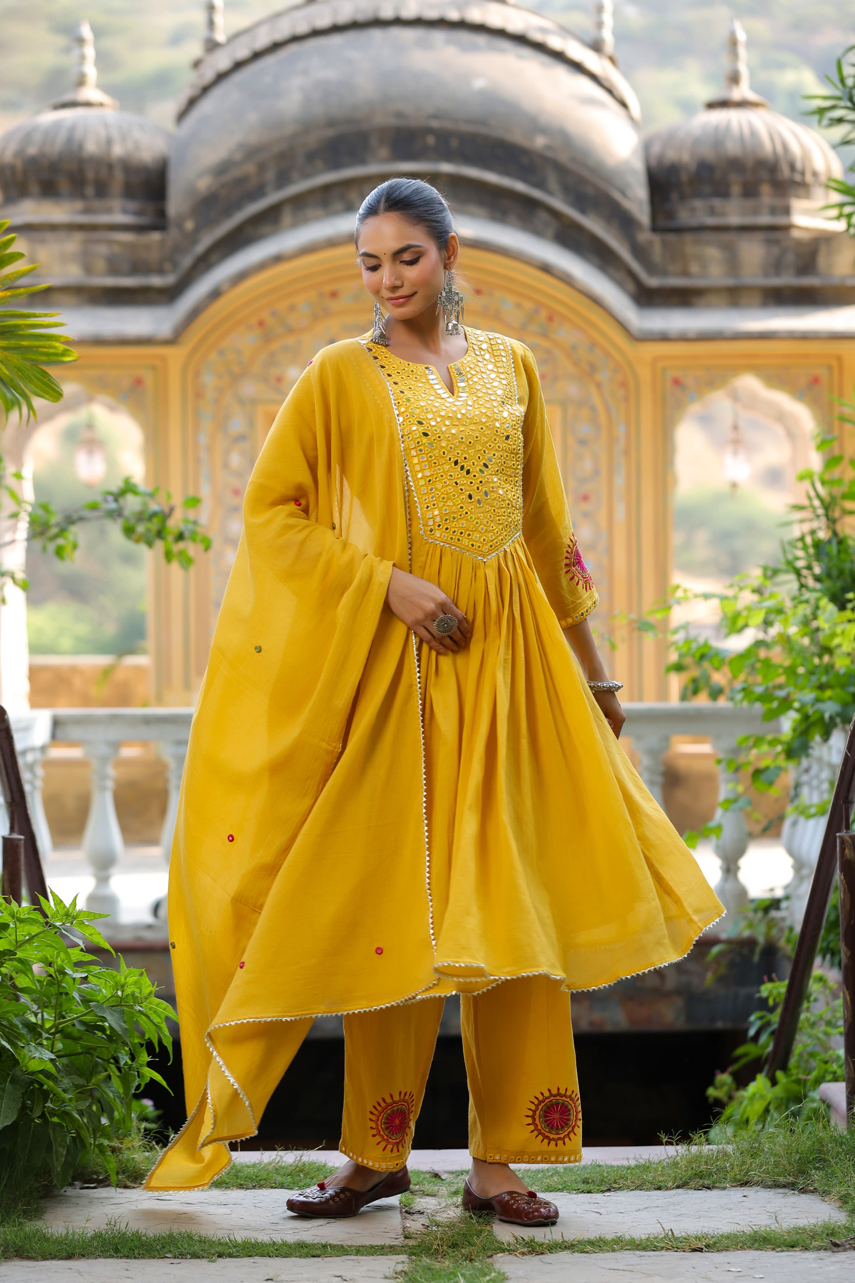 Yellow Threadwork & Mirror Work Cotton Kurta Set - Kajree 