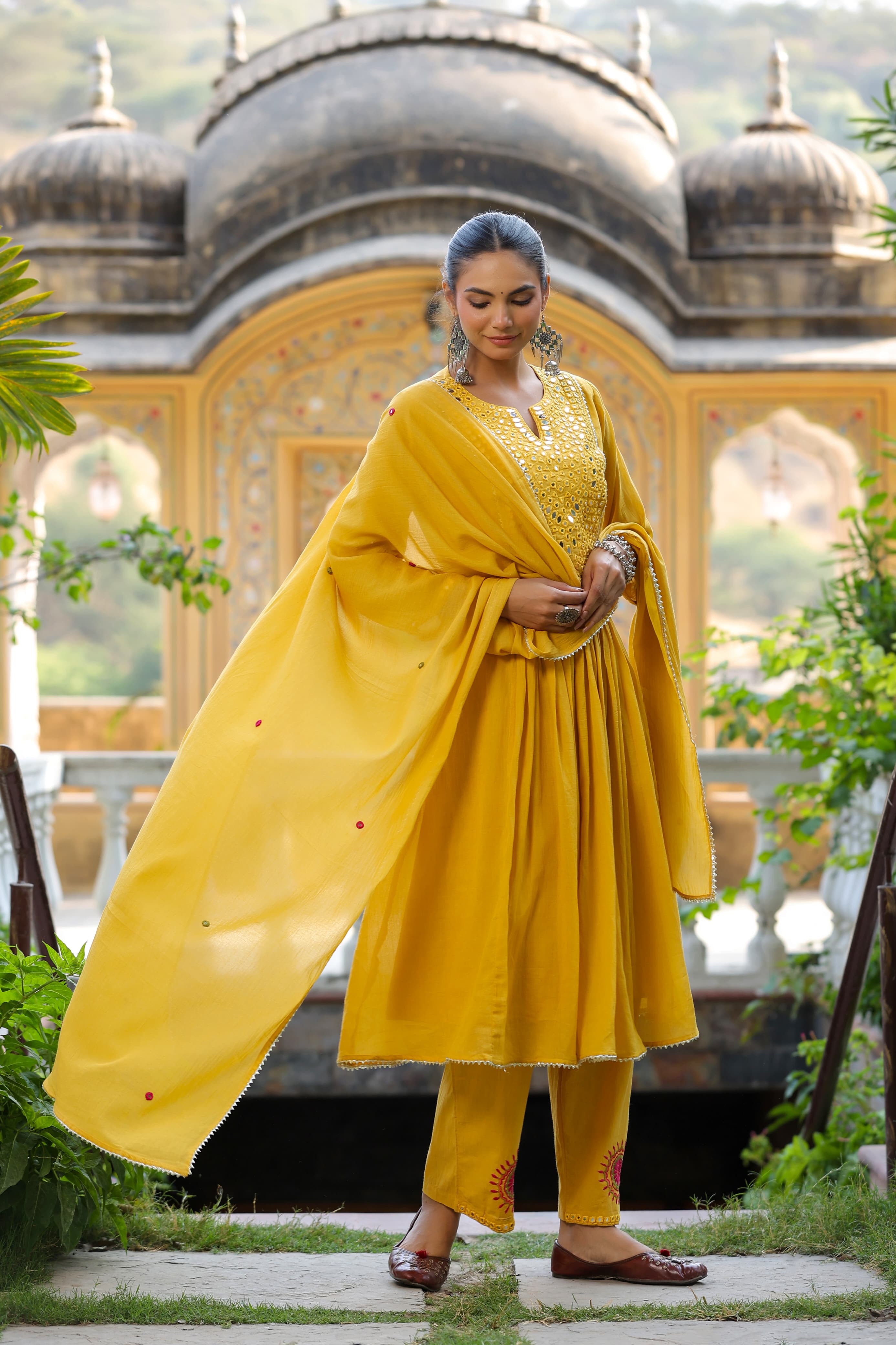 Yellow Threadwork & Mirror Work Cotton Kurta Set - Kajree 