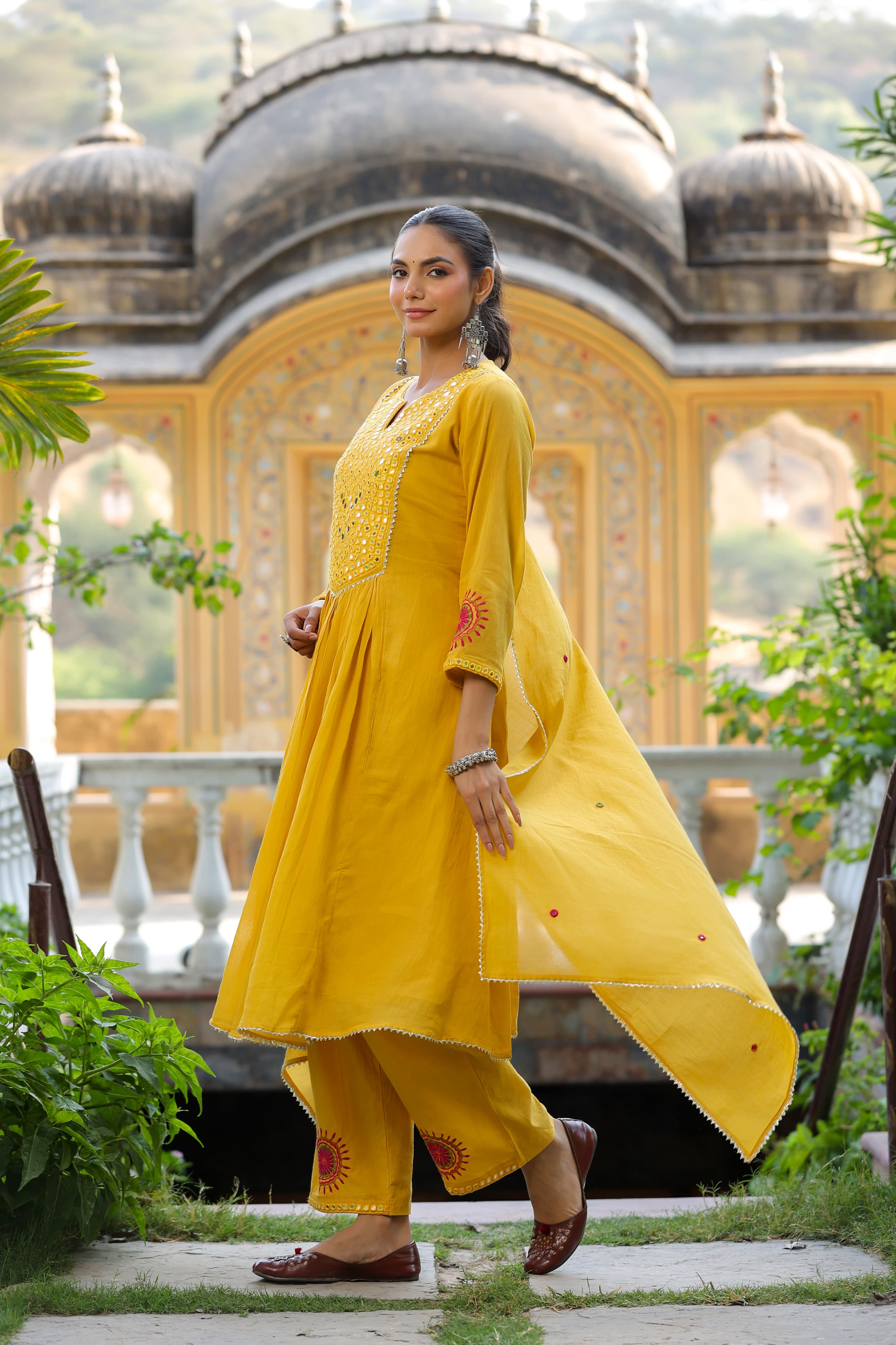 Yellow Threadwork & Mirror Work Cotton Kurta Set - Kajree