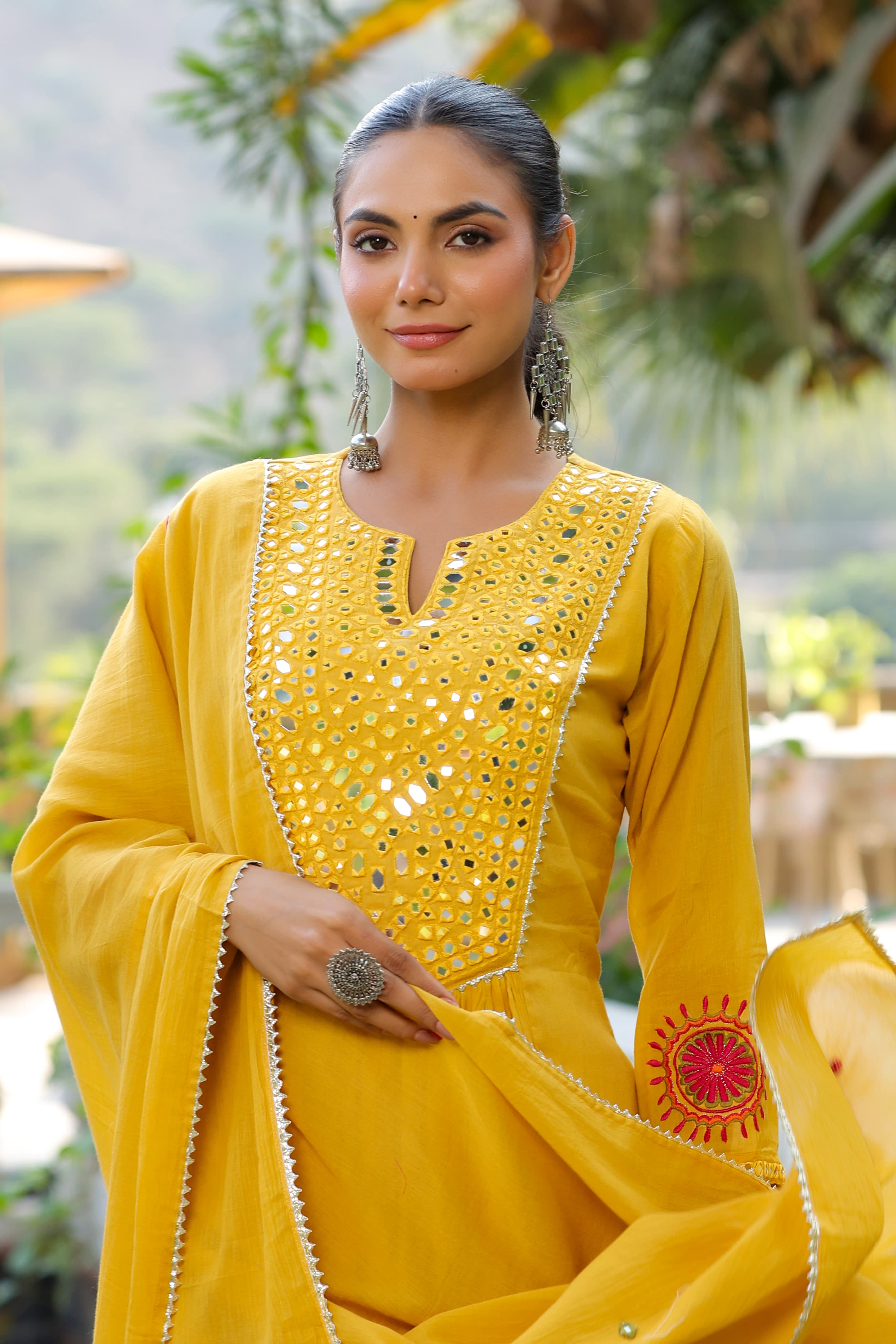 Yellow Threadwork & Mirror Work Cotton Kurta Set - Kajree 