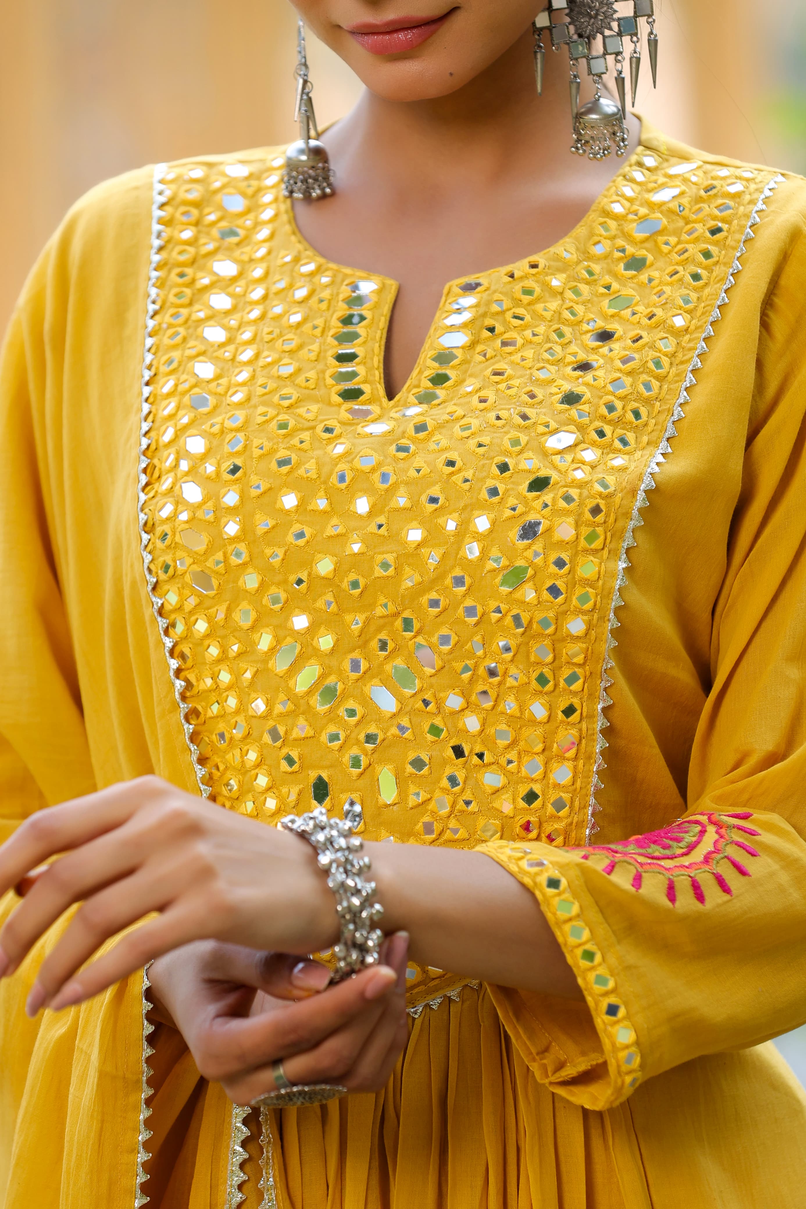 Yellow Threadwork & Mirror Work Cotton Kurta Set - Kajree 