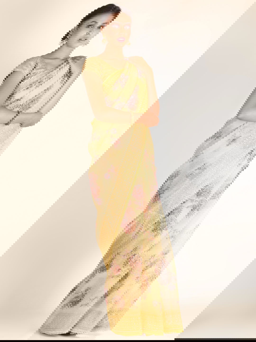 Yellow Abla Work Printed Organza Saree - KAJREE