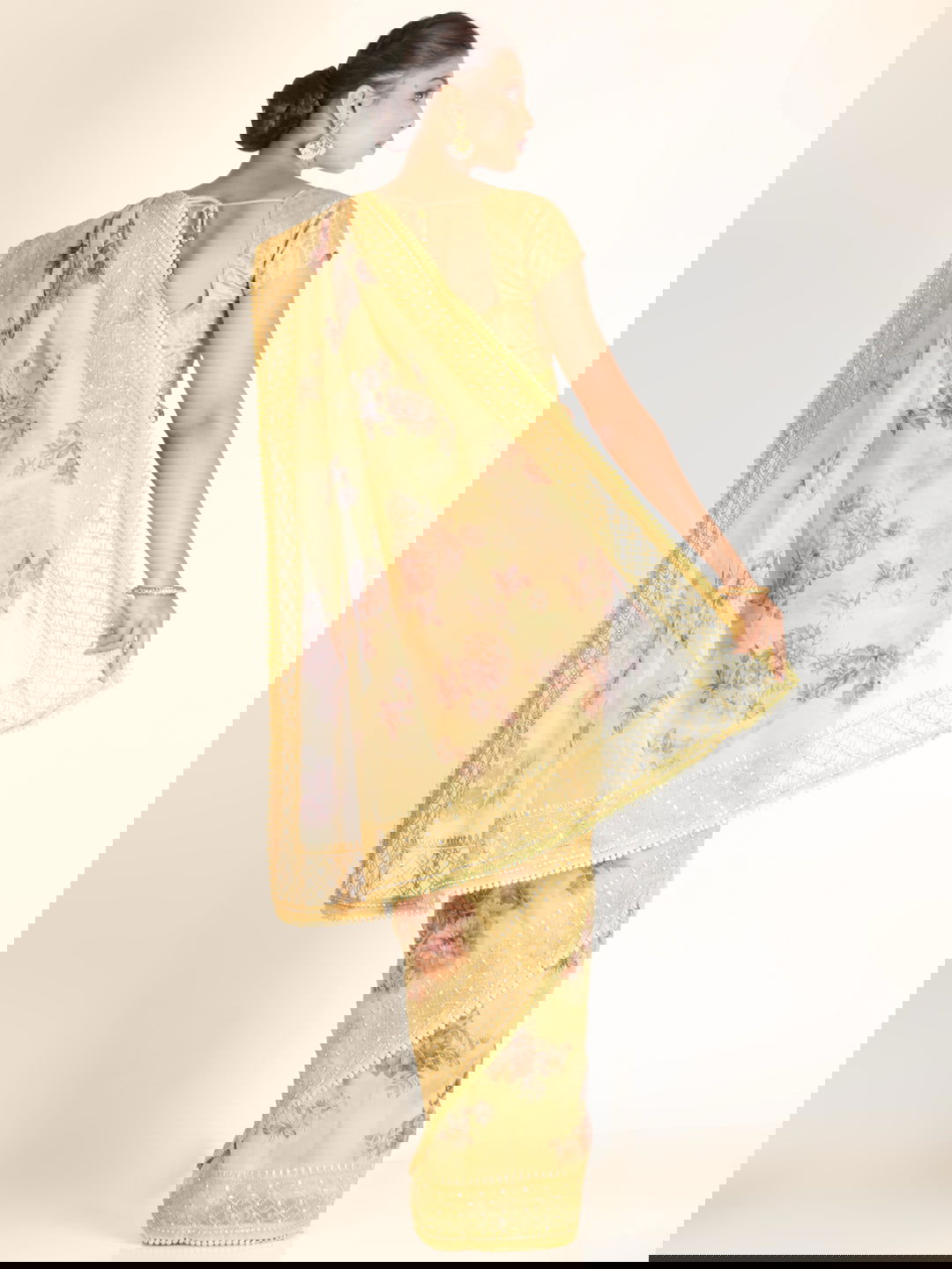 Yellow Abla Work Printed Organza Saree - KAJREE