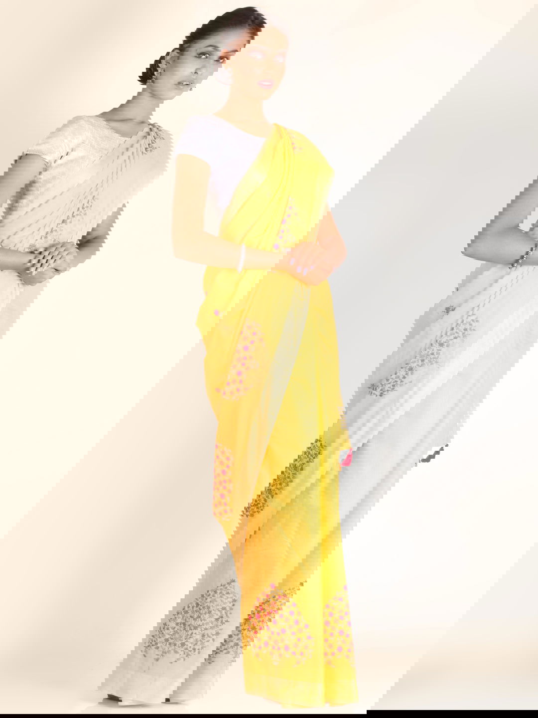 Yellow Threadwork Linen Saree - KAJREE