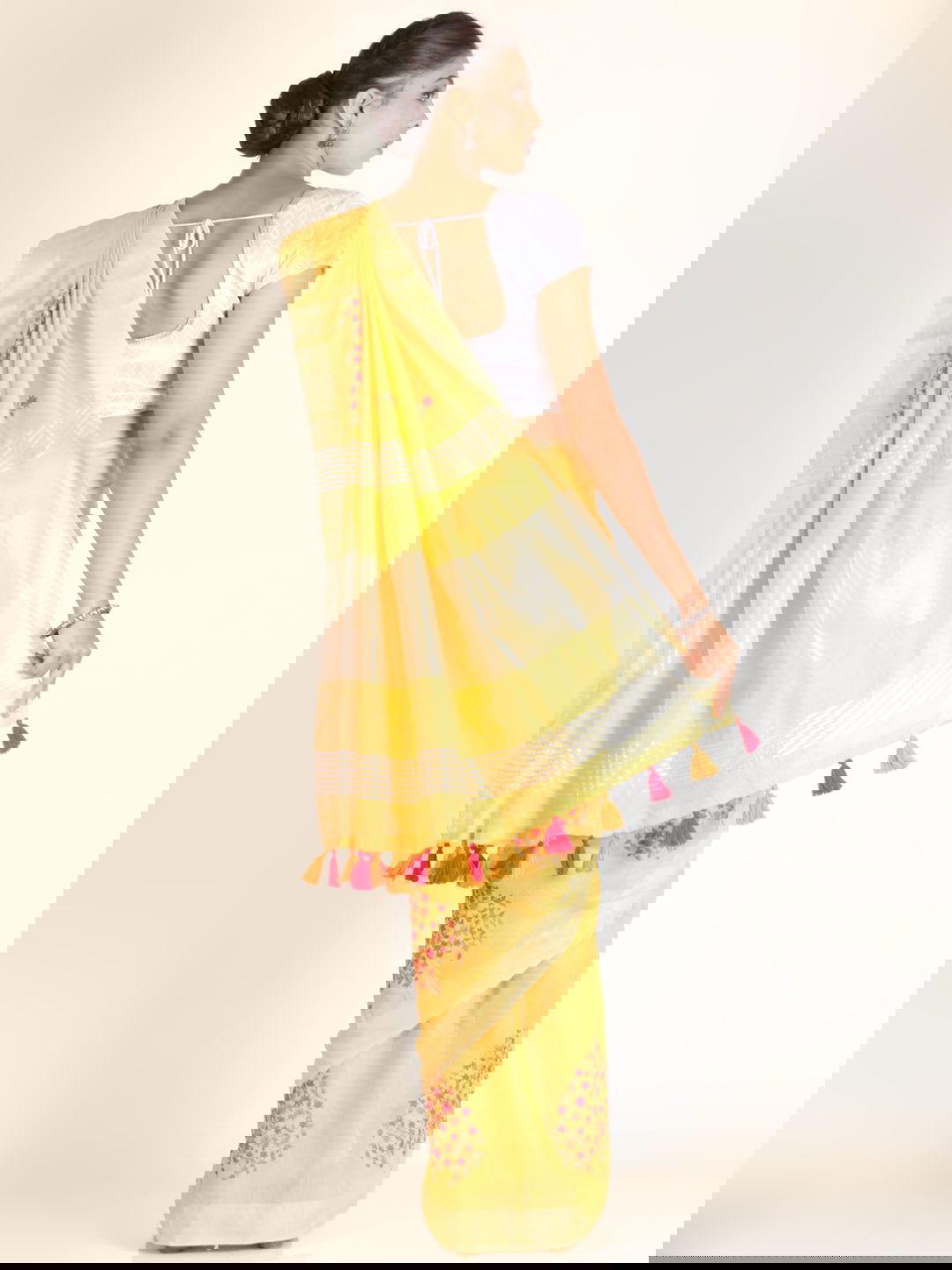 Yellow Threadwork Linen Saree - KAJREE