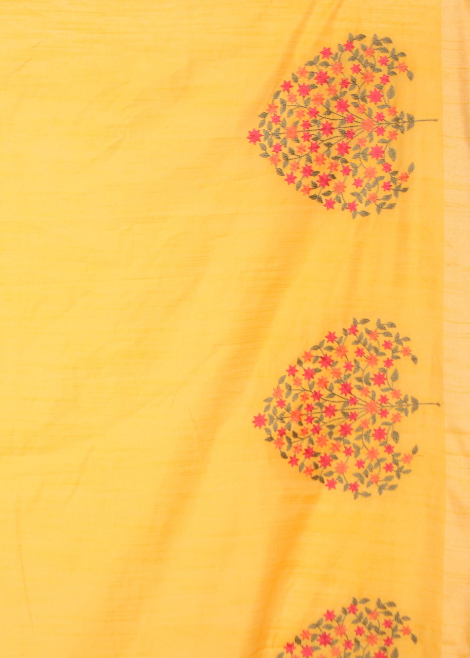 Yellow Threadwork Linen Saree - KAJREE