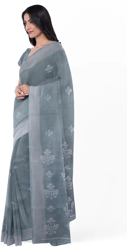 Stone Blue Threadwork Linen Saree - KAJREE