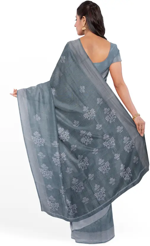 Stone Blue Threadwork Linen Saree - KAJREE