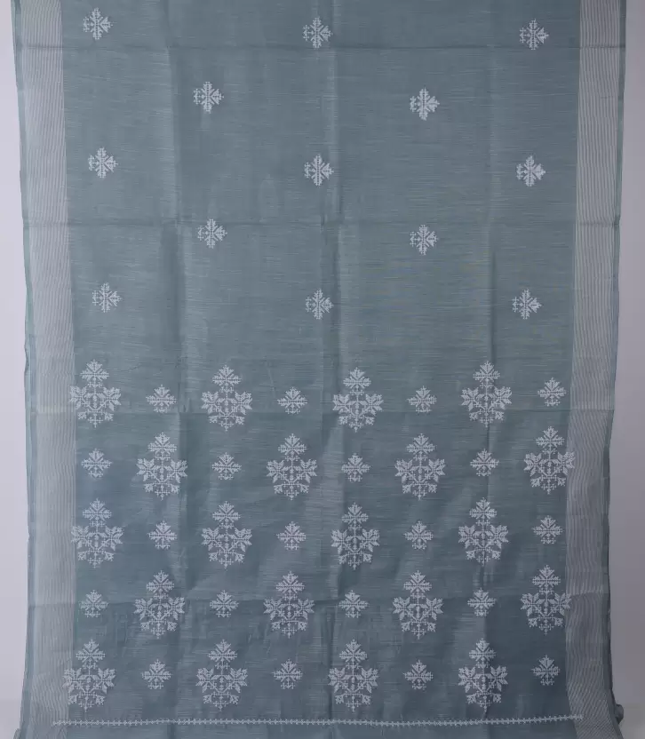 Stone Blue Threadwork Linen Saree - KAJREE