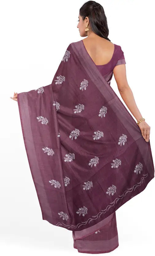 Magenta Threadwork Linen Saree - KAJREE