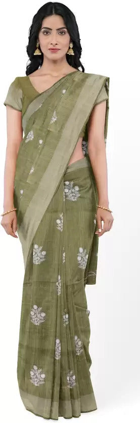 Olive Green Threadwork Linen Saree - KAJREE