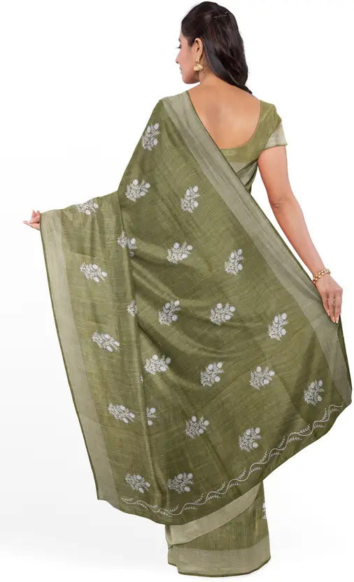 Olive Green Threadwork Linen Saree - KAJREE