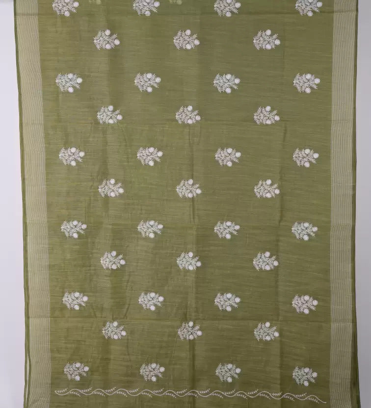 Olive Green Threadwork Linen Saree - KAJREE