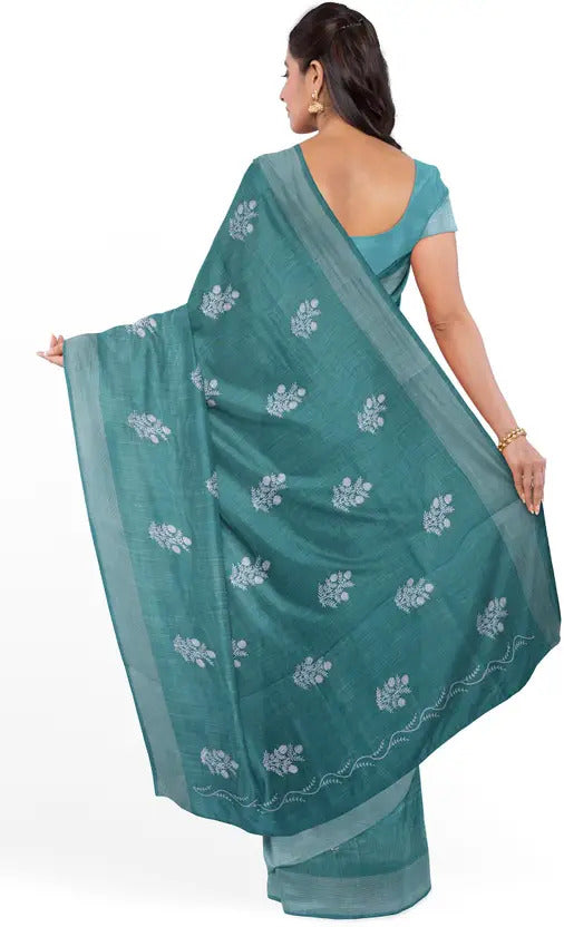 Peacock Blue Threadwork Linen Saree 