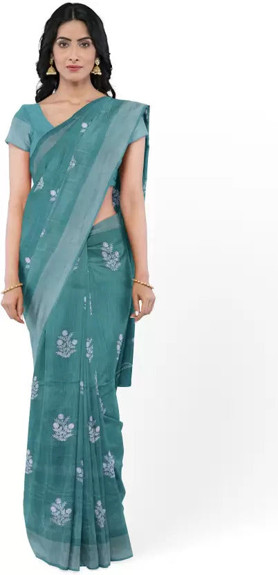 Peacock Blue Threadwork Linen Saree 