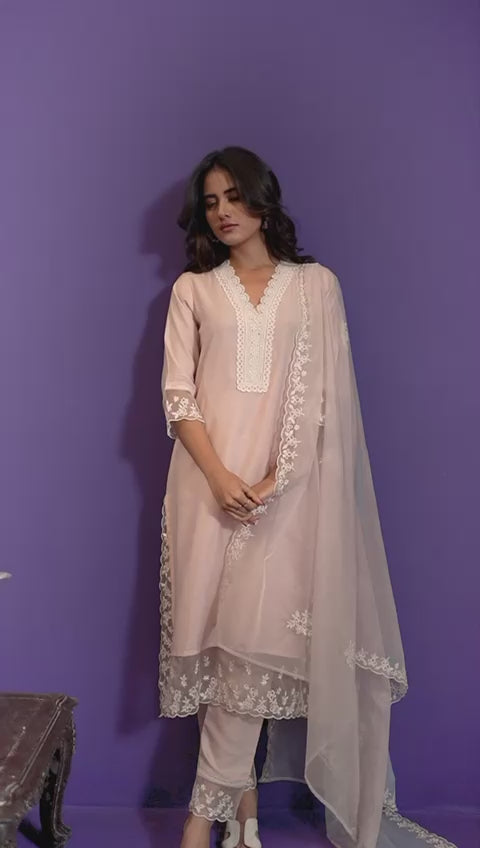 Baby Pink Threadwork Silk Kurta Set - Kajree 