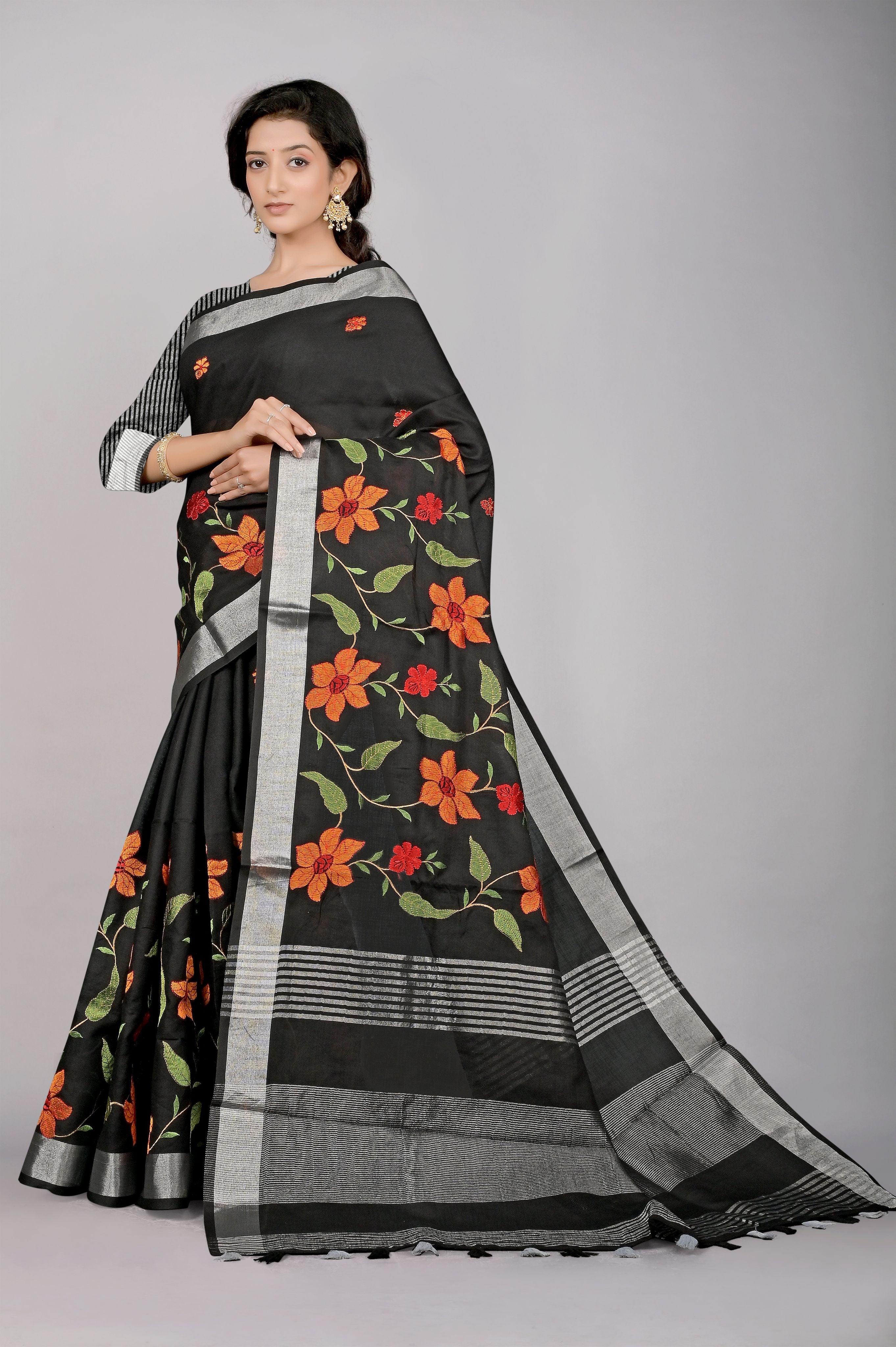Black Threadwork Linen Saree - Kajree