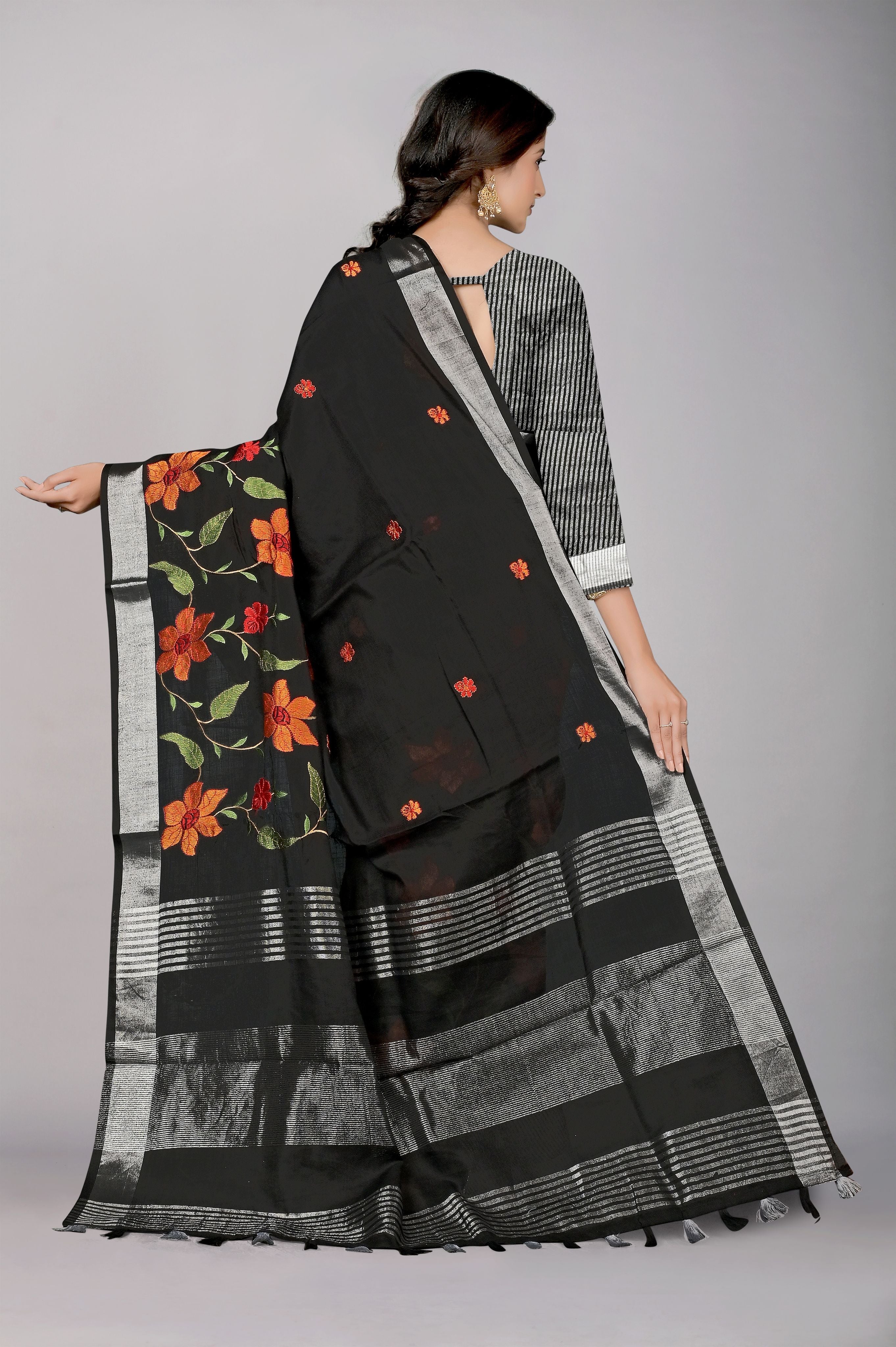Black Threadwork Linen Saree - Kajree