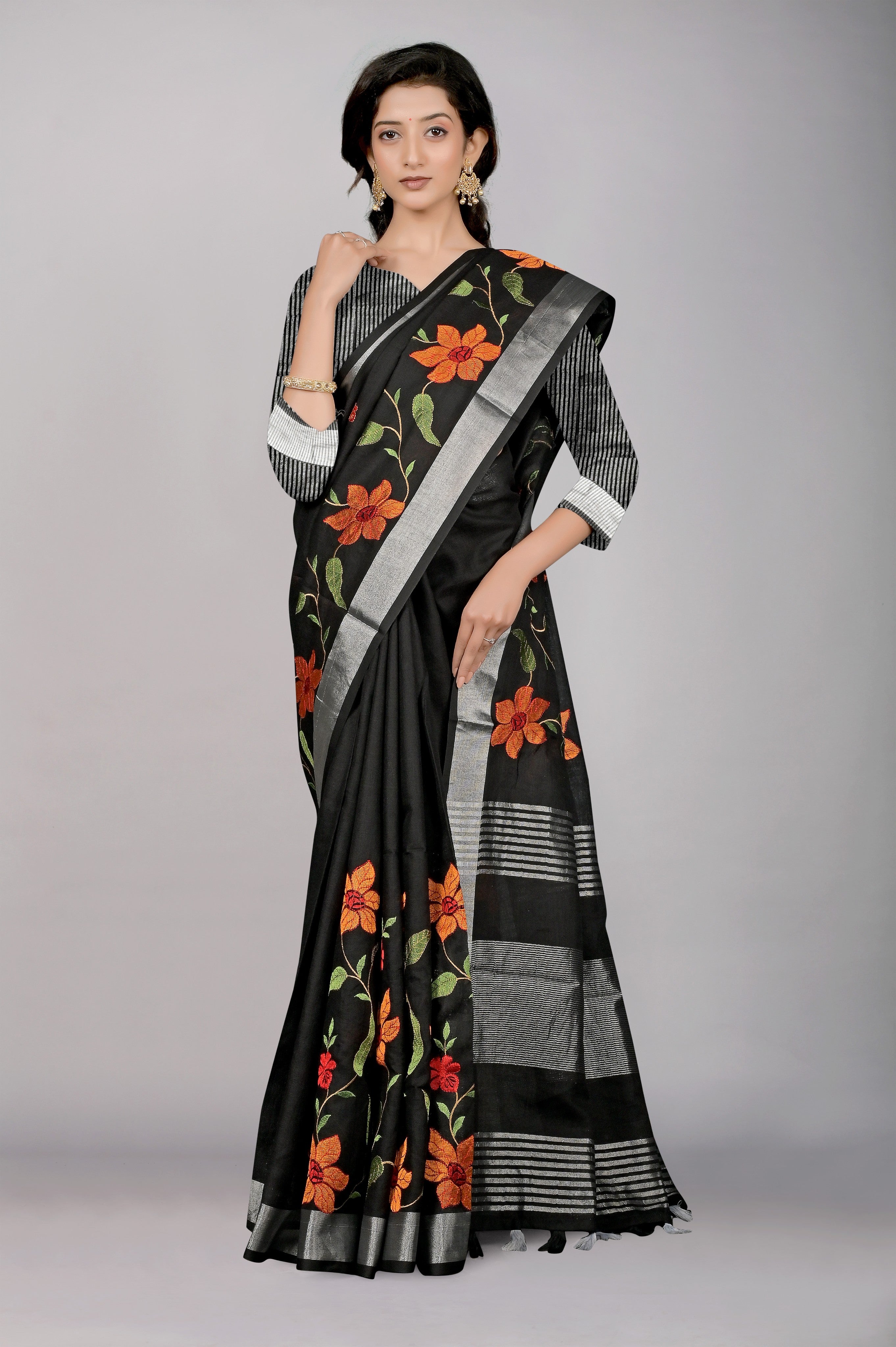 Black Threadwork Linen Saree - Kajree