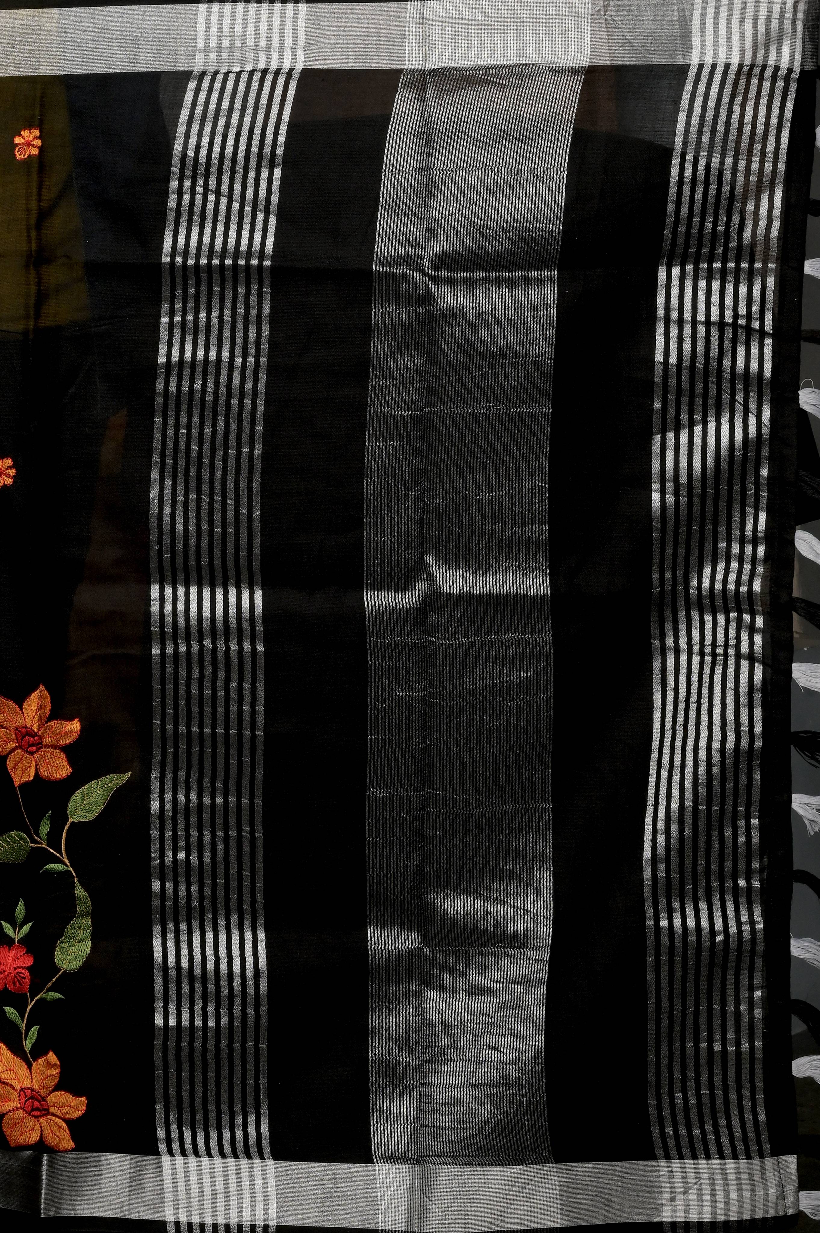 Black Threadwork Linen Saree - Kajree