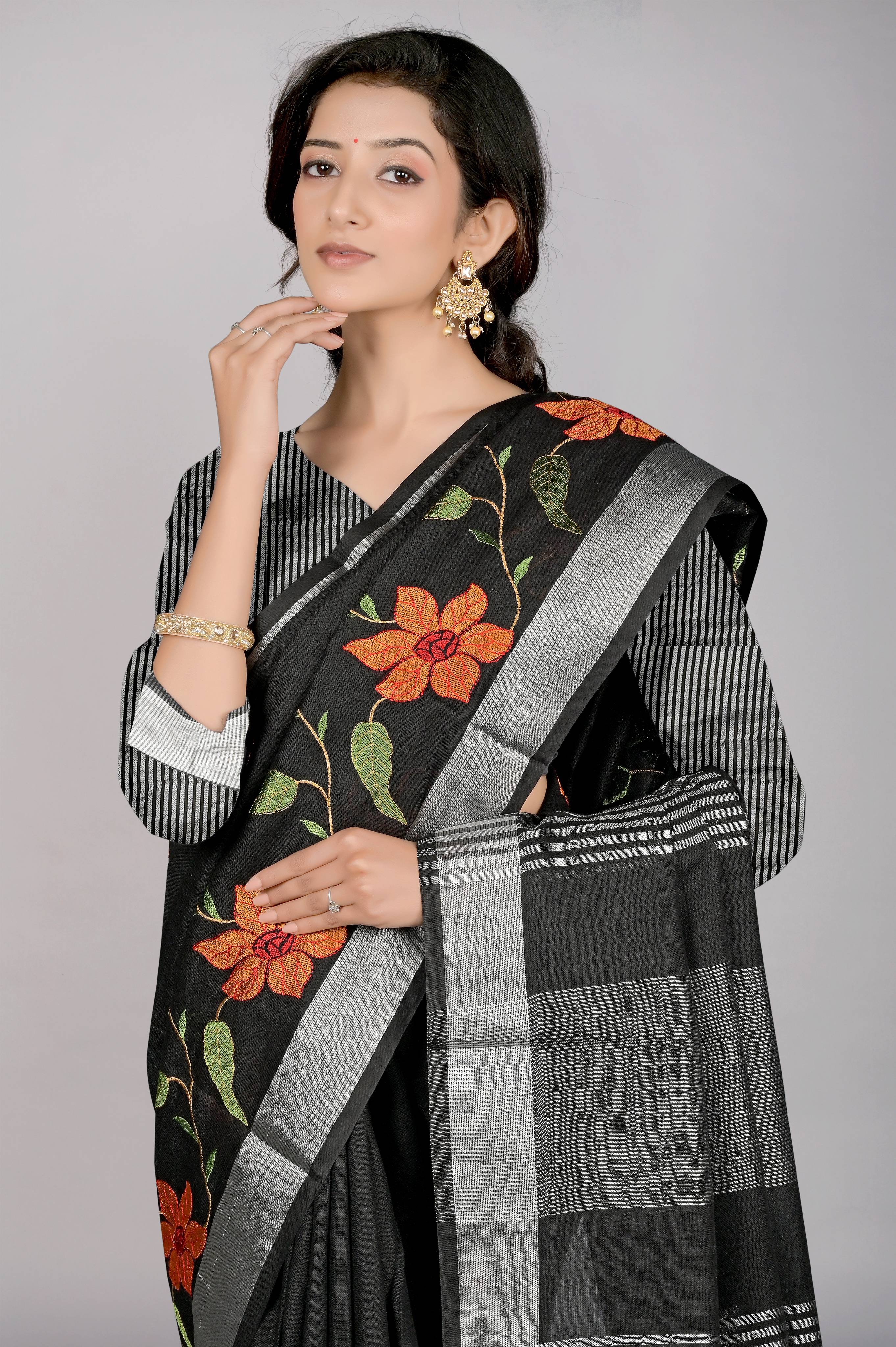 Black Threadwork Linen Saree - Kajree