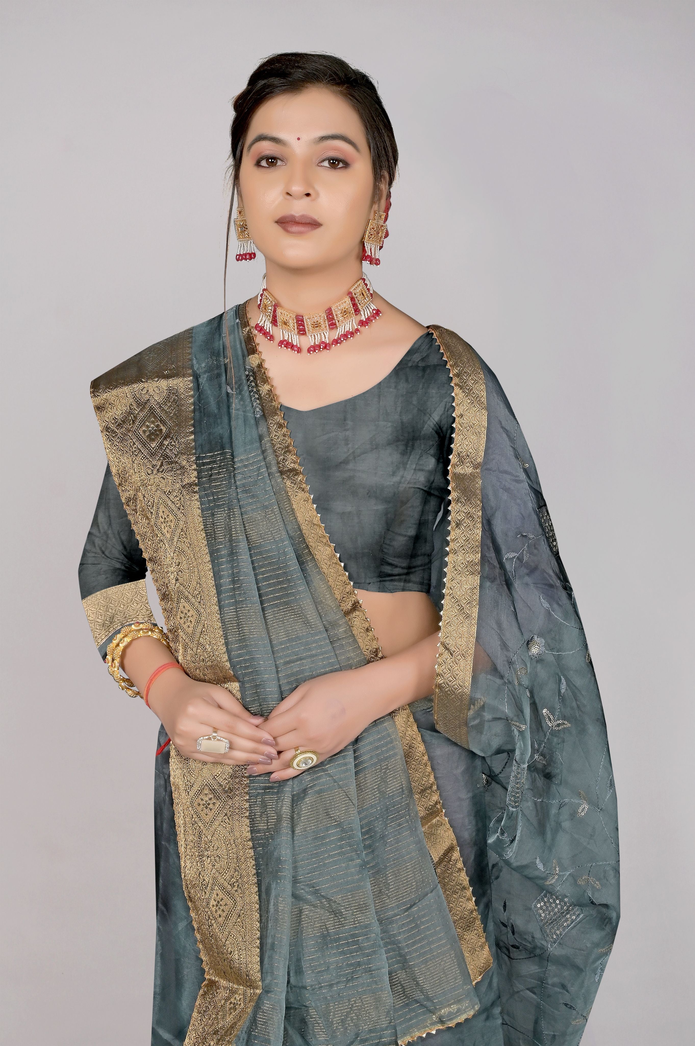 Grey Threadwork Ciffon Saree  - Kajree