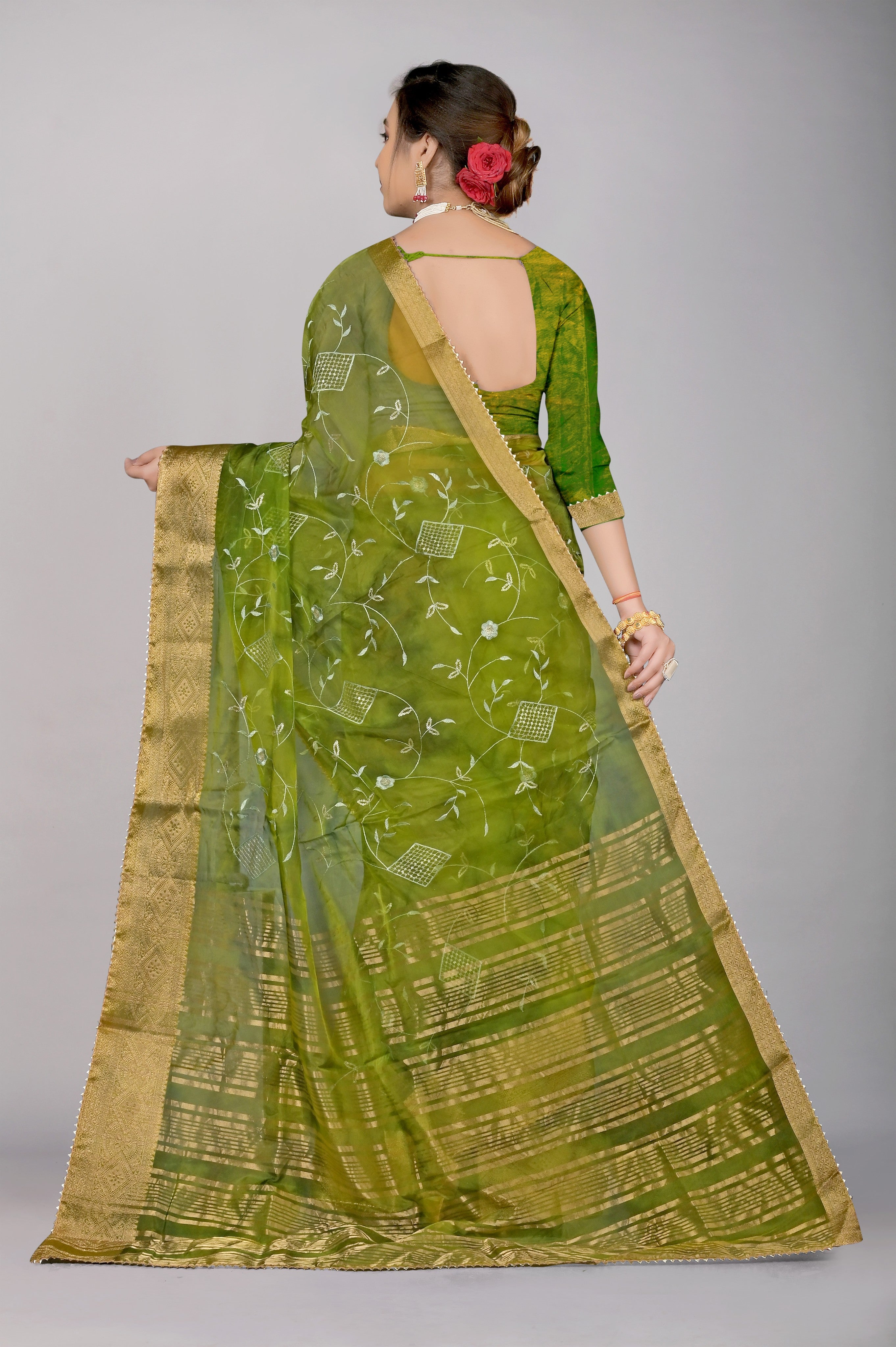 Green Threadwork Cotton Saree 