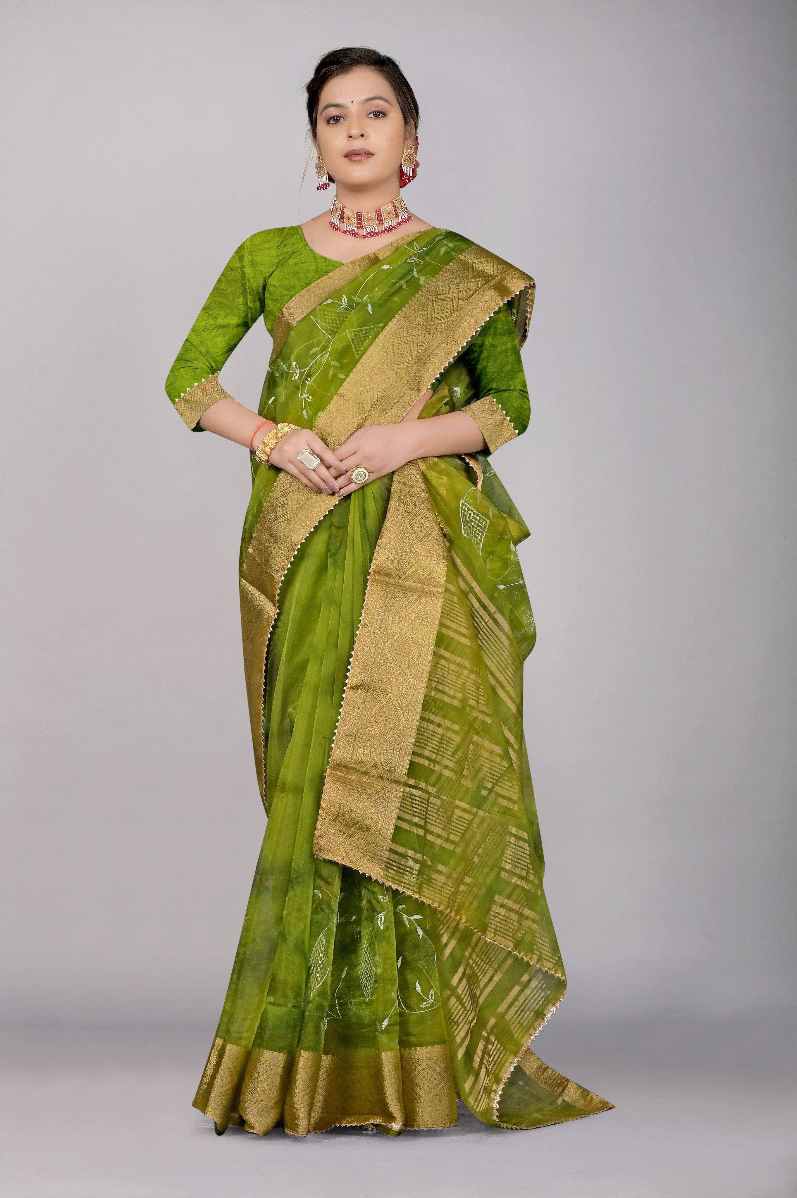 Green Threadwork Cotton Saree 