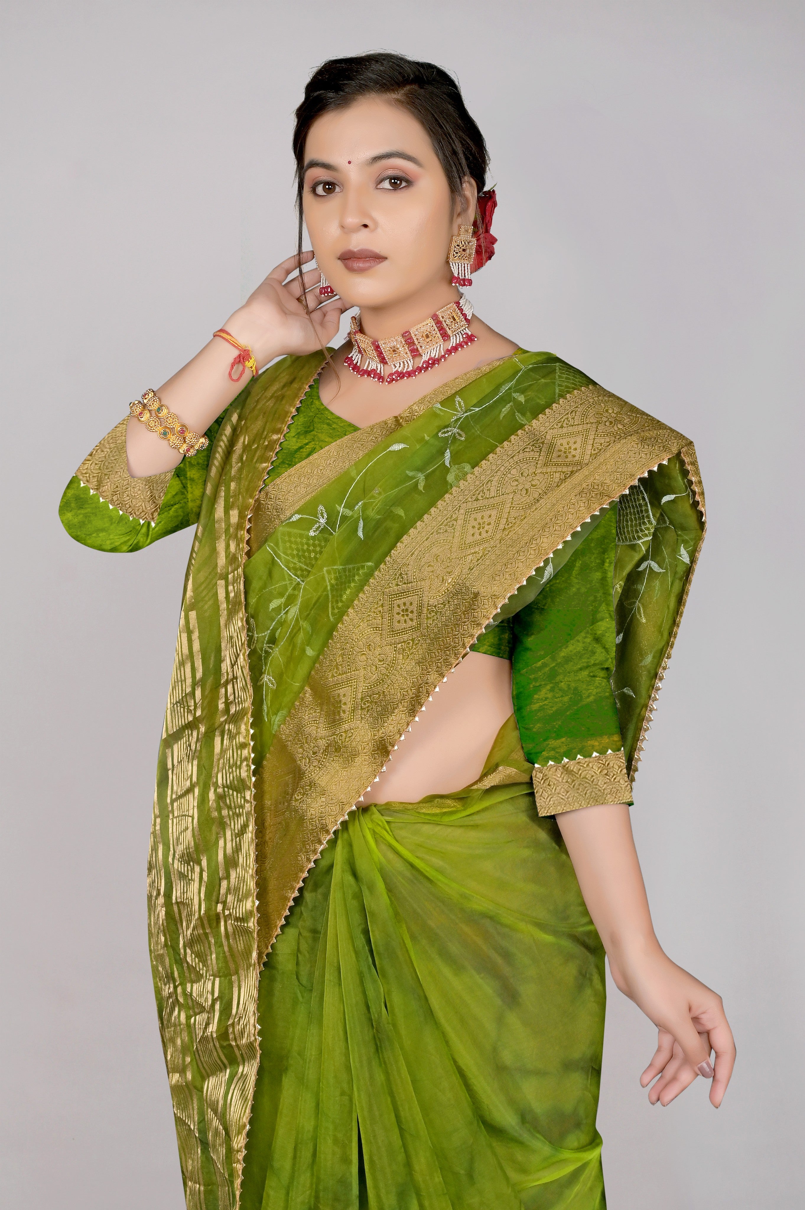 Green Threadwork Cotton Saree 